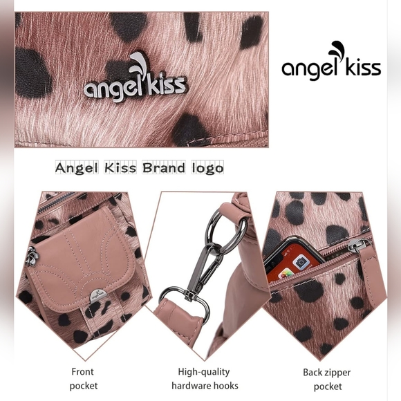 NWT!! Women's Pink and Black Designer Leopard Leather Crossbody Shoulder Handbag - Picture 2 of 7